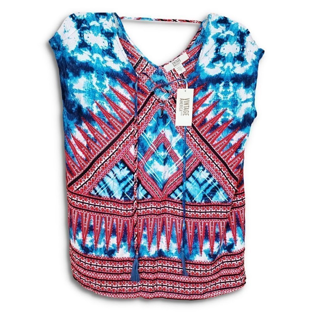 💎229 Vintage America New Sleeveless V neck Boho Western Tie Dye Tank Top